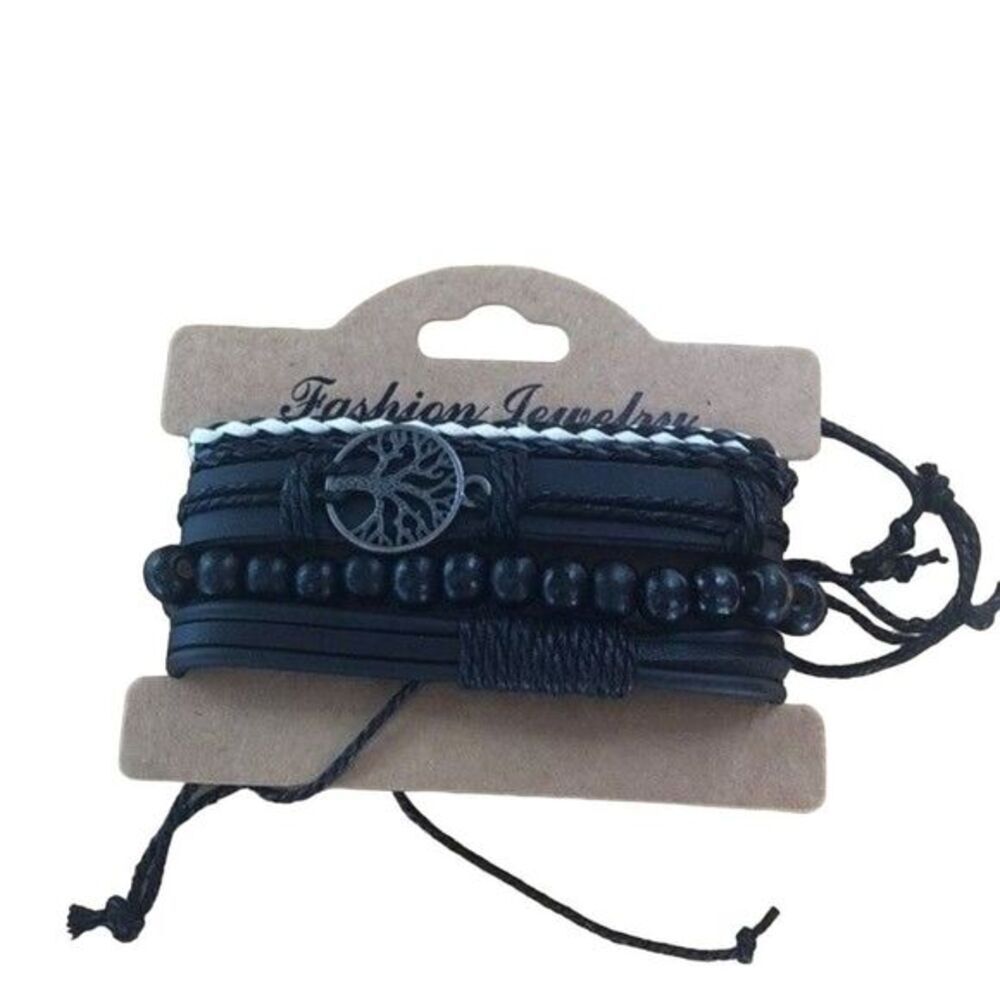Black Leather Bracelet Set Tree‎ of Life Fashion Jewelry Men's Wristband